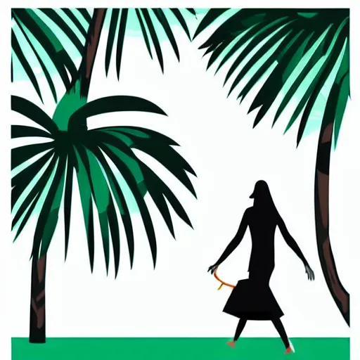 Prompt: woman walking with backdrop showing the sky, palm trees. the tiger has sharp claws and teeth. in minimal colourful geometric illustration style digital painting