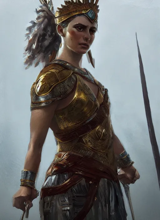 Image similar to A portrait of a beautiful greek warrior queen in the style of Greg Rutkowski, in style of Charles Sillem Lidderdale, artstation, high quality art