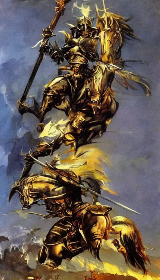 Prompt: fantasy painting by Frank Frazetta portraying a female knight in armor,wielding a sword,high quality,portrait en buste,beautiful,detailed