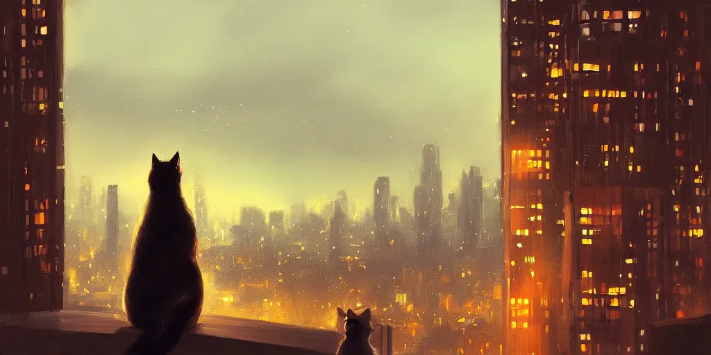 Prompt: A cat overlooking a city at night by Jessica Rossier and Alena Aenami