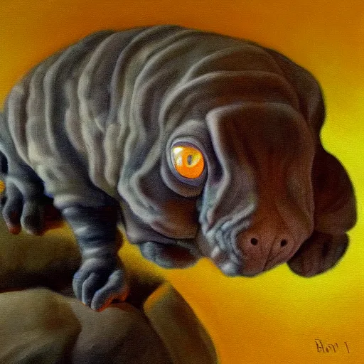 Image similar to painting of a devon rex, cornish rex tardigrade cat glowing in the moonlight looking curious