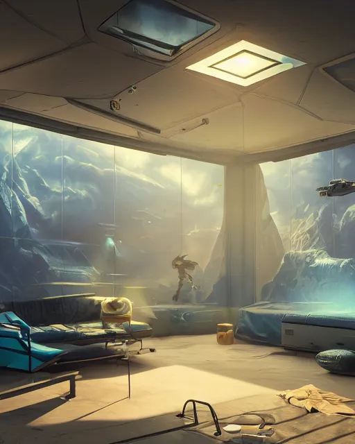 Image similar to artstation scifi scene of a safe room as ikea ad, lounge furniture, sky mural on the room ceiling, holographic gitchart windows, large terrarium, paneled walls, unreal engine 5, hyper realism, realistic shading, cinematic composition, blender render, octane render, hdr, detailed textures, photorealistic, wide shot