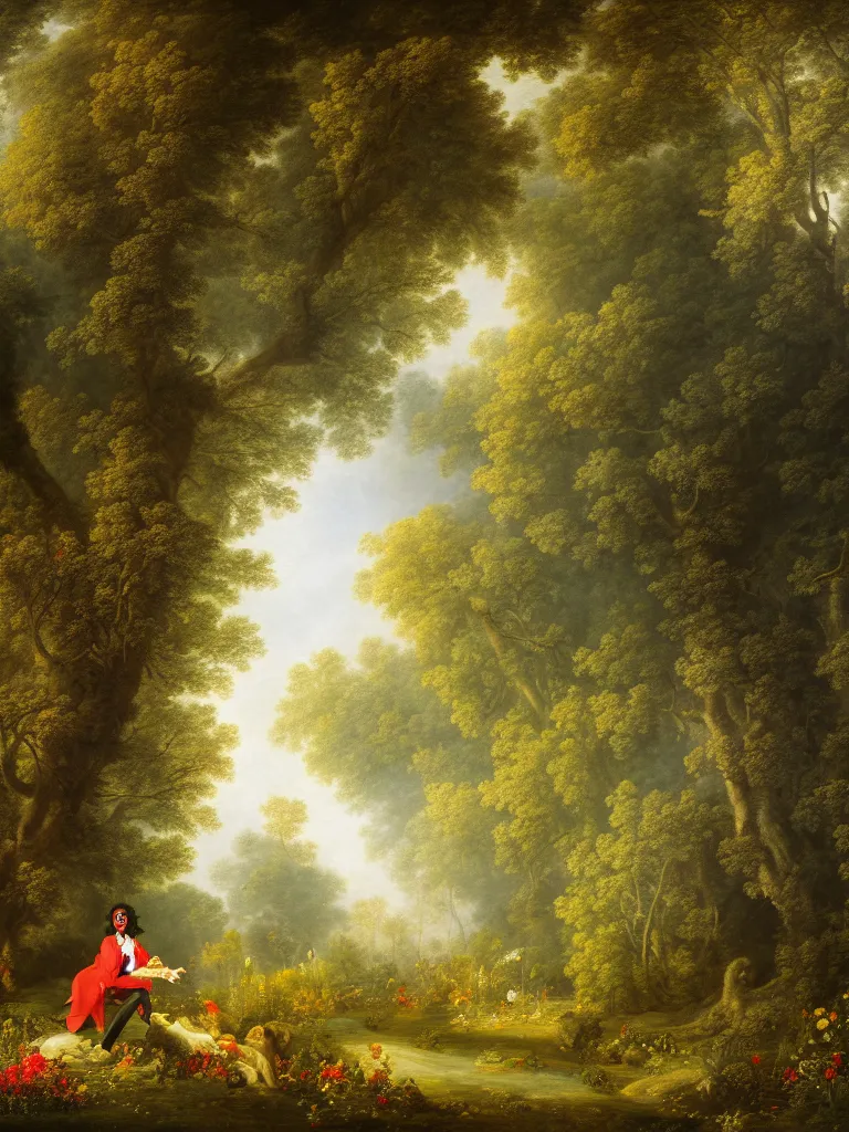 Image similar to painting portrait of michael jackson in a romantic forest, volumetric light, afternoon, light wind, wild flowers, john longstaff, jean - honore fragonard, francois boucher, anna dittmann, 4 k, 4 k