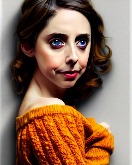 Prompt: gorgeous young Alison Brie, realistic character concept, full body, autumn leaves, orange yellow, shorter neck, illustration, symmetrical face and body, realistic eyes, cinematic lighting, detailed realistic symmetrical eyes, artgerm, Joshua Middleton, Charlie Bowater, single face, insanely detailed and intricate, beautiful