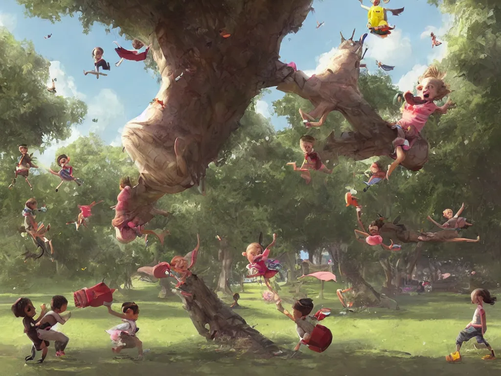 Image similar to happy children fly through a public park, by alejandro burdisio and bob bylerley and greg rutkowski