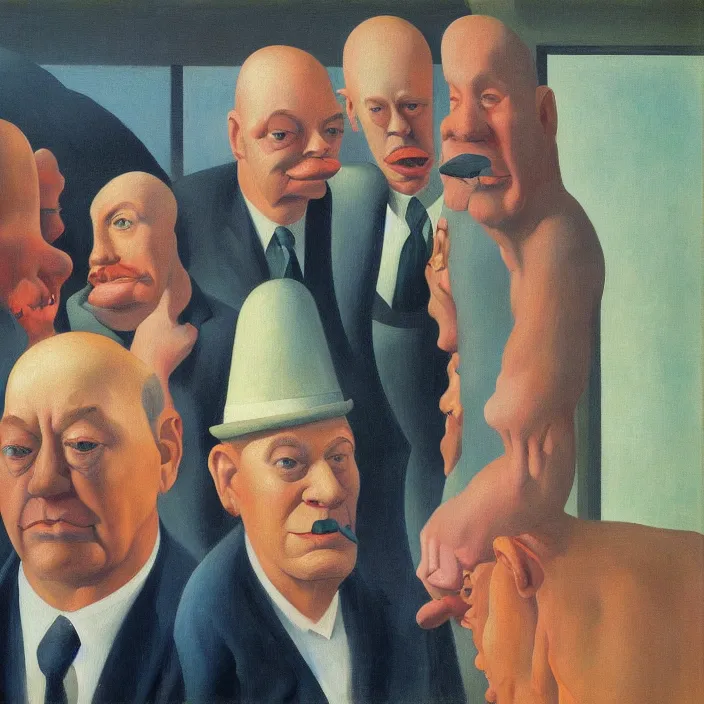 Image similar to group of people pictured in afternoon light, close - up of the faces, anatomically and proportionally correct : : surrealist oil painting by edward hopper, georg grosz, francis bacon and rene magritte, detailed