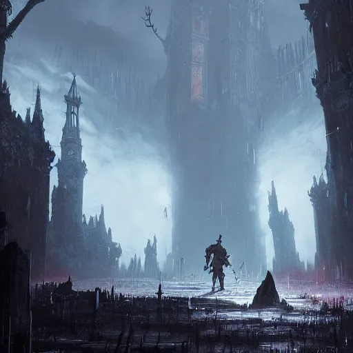 Image similar to a huge dungeon with an hunter fighting an old god, in the style of Bloodborne, soft, light, bright, epic, awesome,digital art, by Simon baek and Greg rutkowski
