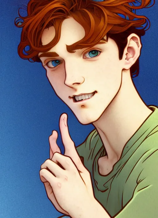 Image similar to well - lit art nouveau portrait of a young man with auburn hair, pale skin, freckles, light blue eyes, casual clothes, natural lighting, path traced, highly detailed, high quality, cartoon, digital painting, by don bluth and ross tran and studio ghibli and alphonse mucha