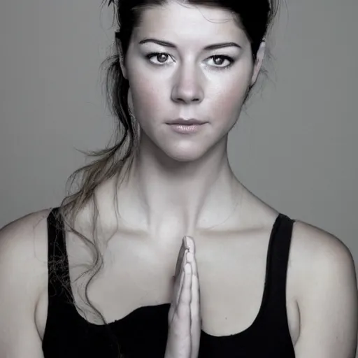 Image similar to a masterpiece portrait photo of a beautiful young woman yoga instructor who looks like a succubus mary elizabeth winstead, symmetrical face