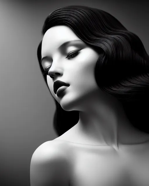 Image similar to black and white dreamy young beautiful female artificial intelligence, cinematic, rim light, photo - realistic, elegant, high detail, 8 k, masterpiece, photo taken in 1 9 3 0