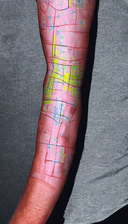 Image similar to Looking at a street map of Manhattan projection mapped onto the inside of my forearm skin, my own diverse arms coated in projection-mapped maps navigation UI laserbeams onto my hands, misty beams from my chest illuminating my hands in front of me