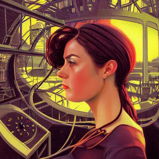 Image similar to detailed face of a woman, clockwork, moment, tectonic sky, skydome, bullet train, turbines, utopian, tech noir, wet reflections, prism, atmospheric, ambient, pj crook, syd mead, livia prima, artgerm, greg rutkowski, nick alm, casey baugh