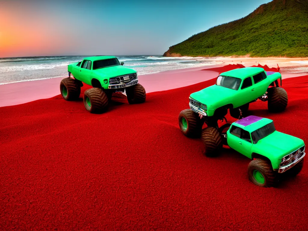 Prompt: purple monster truck, red sand beach, green ocean, nebula sunset