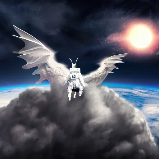 Prompt: illustration of astronaut riding a white dragon over the clouds, digital art, matte painting