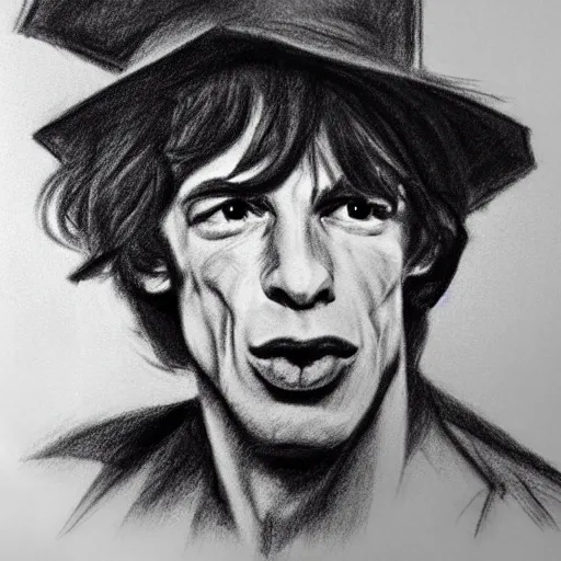 Prompt: rough sketch charcoal portrait of young mick jagger wearing a hat, angled with big straight strokes around, trending on instagram