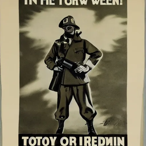 Image similar to fox animal dressed as a soldier in the style of a ww 2 propaganda poster