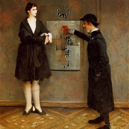 Image similar to a young man and a young woman solving an escape room puzzle, mysterious markings on the wall, by alfred stevens