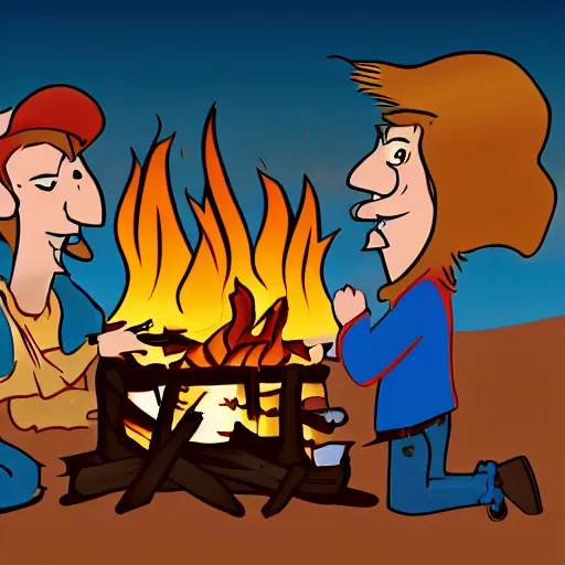 Prompt: cartoon of hillbilly with long blonde hair at a bonfire with his australian shepherd