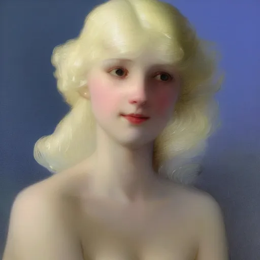 Prompt: a young woman's face, her hair is white and she wears a cobalt blue satin cloak, by ivan aivazovsky and syd mead and moebius and gaston bussiere and roger dean and pieter claesz and paul delaroche and alma tadema and aelbert cuyp and willem claesz, hyperrealistic, volumetric light, octane render