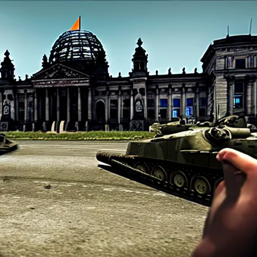 Prompt: berlin reichstag in pc game hell let loose, ww 2, 1 9 4 5, american soldiers, nazis, nazi germany, tanks, devastated city, ruins, screenshot, unreal engine, gameplay, in - game