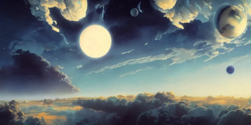 Image similar to blue dreamy cloudscape with a single planet in the clouds, daylight, cinematic lighting, cinematic perspective, syd mead, john harris, federico pelat,