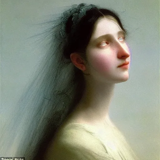 Prompt: a young woman’s face, her hair is white, her eyes are covered with a long flowing blue satin veil, by ivan aivazovsky and and paul delaroche and alma tadema and and willen claesz heda and aelbert cuyp and gerard ter borch, hyperrealistic, rendered in octane