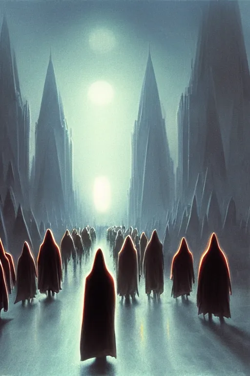 Image similar to emissary a line of people in hooded outfits holding lights walking into a large city on the planet dathomir by arthur haas and bruce pennington and john schoenherr, cinematic matte painting, 8 k, dark color palate