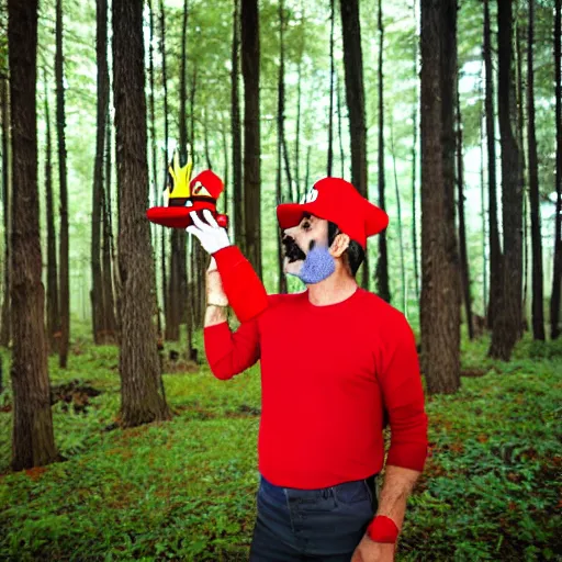 Prompt: italian man with a mustache dressed as mario wearing a solid red mario hat drooling, eyes rolled back, looking at red mushroom with white spots, in a forest 50mm lens, f1.8.