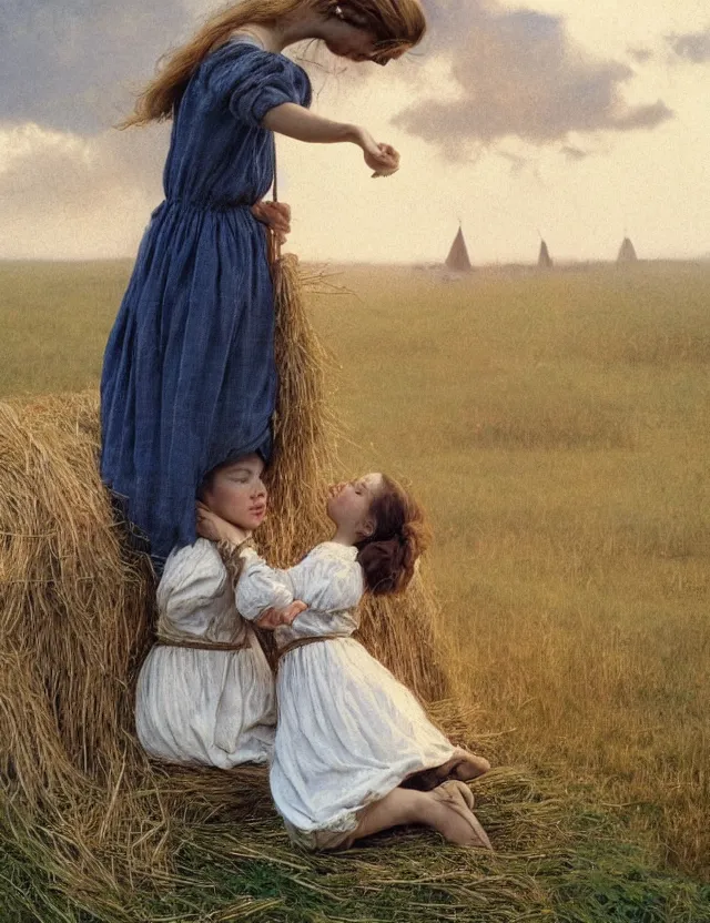 Prompt: two peasant girl kiss over a of hay, lolita style, Cottage core, Cinematic focus, Polaroid photo, vintage, neutral colors, soft lights, foggy, by Steve Hanks, by Serov Valentin, by Andrei Tarkovsky, by Terrence Malick, 8k render, detailed, oil on canvas