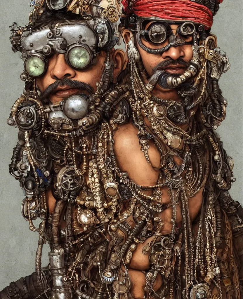 Image similar to face portrait of an indian man with long kawai moustache rajasthani headgear wearing madmax style steampunk goggles and steampunk jewelry, art by peter mohrbacher and craig mullins, sticker, isolated on white background, colorful, illustration, highly detailed, simple, smooth and clean vector curves, no jagged lines, hyperrealistic, digital painting, cgsociety, artstation, smooth