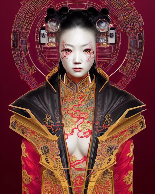 Prompt: portrait of a chinese cyberpunk machine, machine face, robed, upper half portrait, decorated with chinese opera motifs regal royal fierce machine robot cyberpunk fine china, wuxia, traditional chinese art intricate intense elegant highly detailed digital painting artstation concept art smooth sharp focus illustration, art by artgerm and greg rutkowski alphonse mucha 8 k