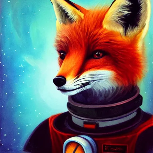 Image similar to portrait of a cute fox as an astronaut in a spaceship that has been to war and is in rough shape, had an eye patch:: in the style of charlie bowater, realistic:: oil painting::