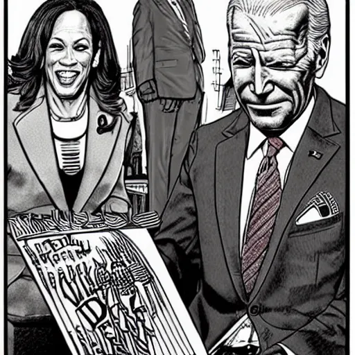 Image similar to The Artwork of R. Crumb and his Cheap Suit - Joe Biden and Kamala Harris, pencil and colored marker artwork, trailer-trash lifestyle