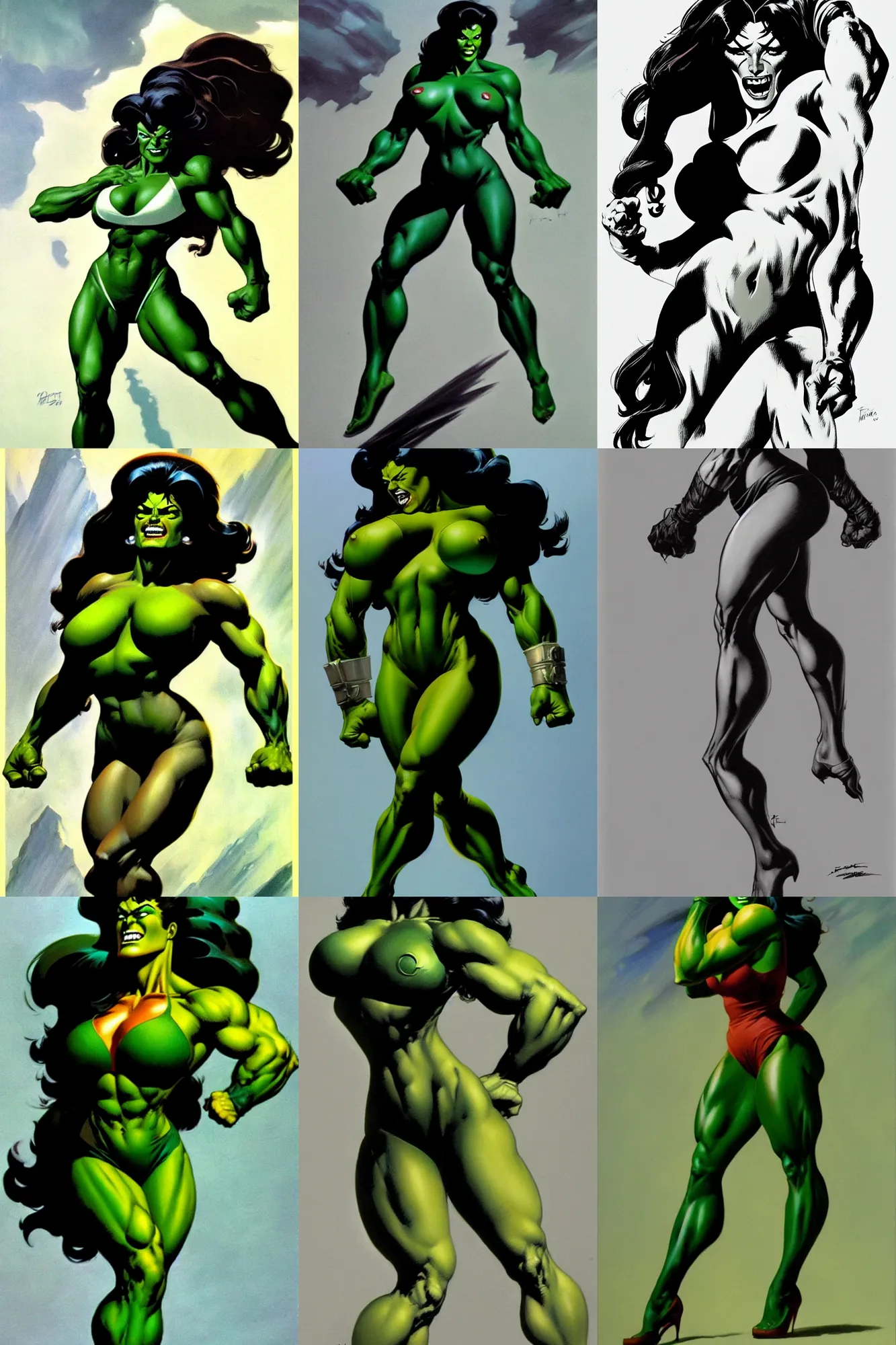 Prompt: she hulk by Frank frazetta full body profile, trending on artstation, dramatic lightning