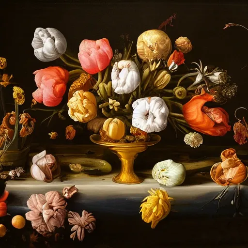 Image similar to disgusting disturbing dutch golden age bizarre floral still life with many human toes sprouting up everywhere by rachel ruysch black background chiaroscuro beautiful dramatic lighting perfect composition high definition 8 k 1 0 8 0 p