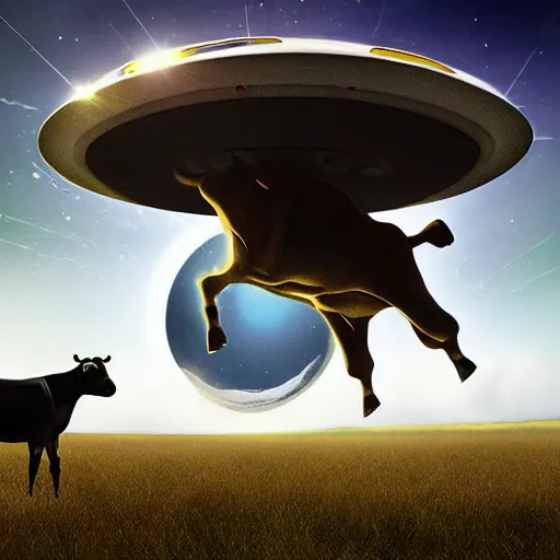 Prompt: digital art painting of a UFO abducting a cow in an empty field, mysterious, sci fi, alien, extraterrestrial, trending on artstation cgsociety,