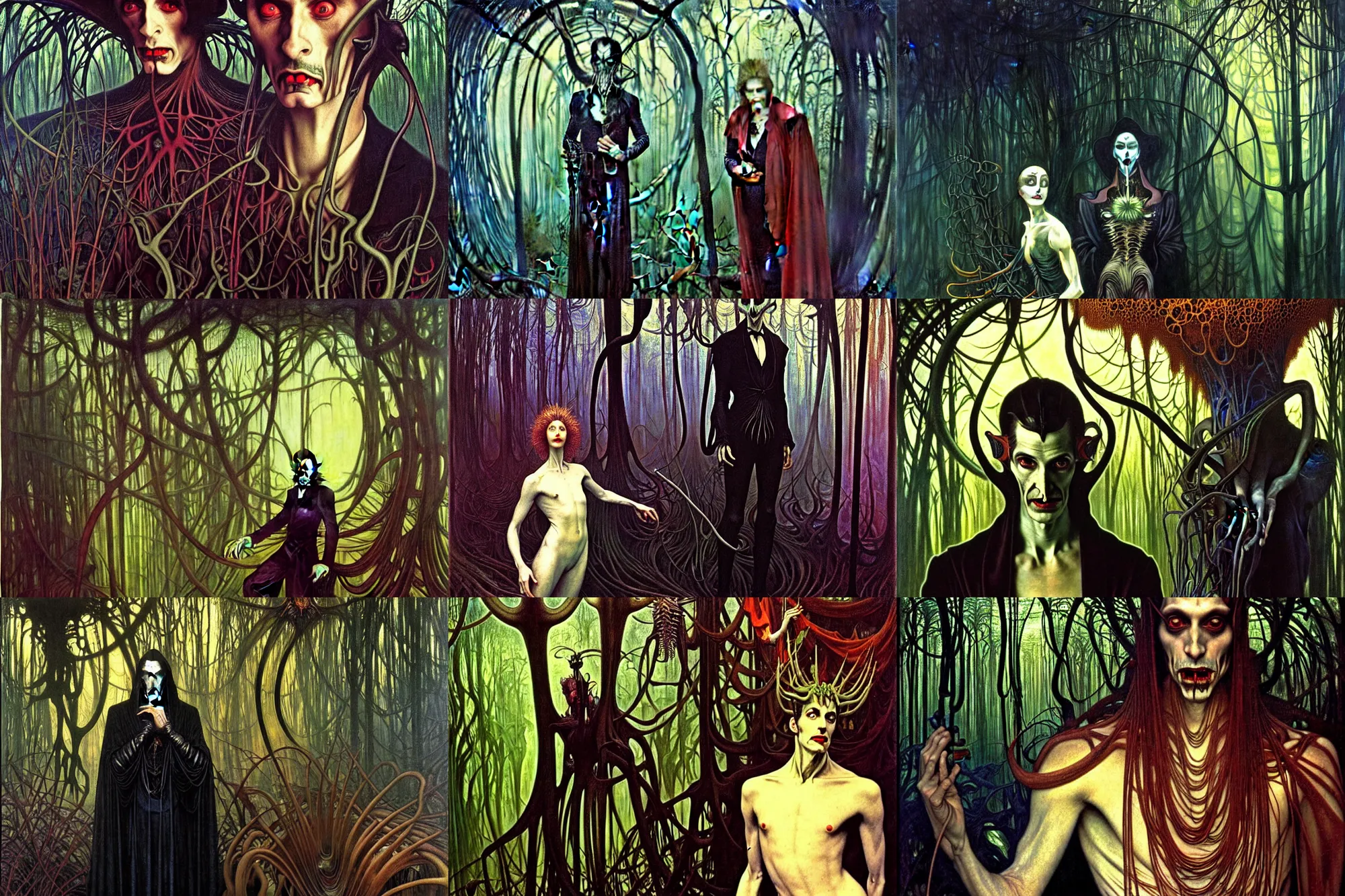 Prompt: realistic extremely detailed portrait painting of an elegantly creepy vampire man dressed as dracula, futuristic sci-fi forest on background by Jean Delville, Amano, Caravaggio, Yves Tanguy, Alphonse Mucha, Ernst Haeckel, Edward Robert Hughes, Roger Dean, rich moody colours, cinematic composition