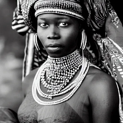 Image similar to vintage photo of a west African manding queen, photo journalism, photography, cinematic, national geographic photoshoot