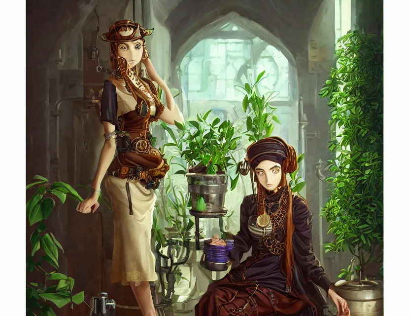 Prompt: middle eastern scifi alchemist in a well lit study with potted plants, wearing a lovely dress with steampunk details. this oil painting by the award - winning mangaka has an interesting color scheme and impeccable lighting.