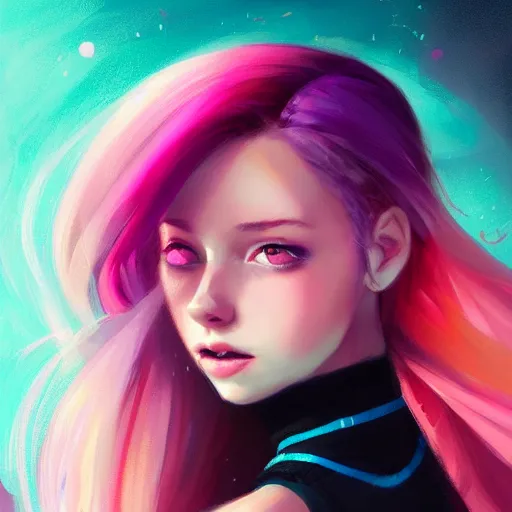 Image similar to colorful and festive captivating teenager girl with pink hair, cyan top crop, black skirt, black leggings, cute look. rich vivid colors, ambient lighting, dynamic lighting, 4 k, atmospheric lighting, painted, intricate, highly detailed by charlie bowater