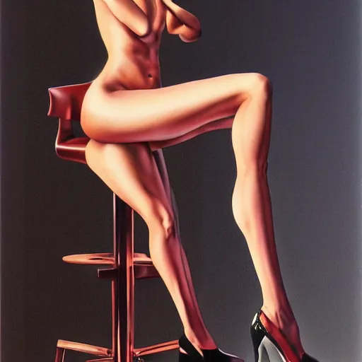 Image similar to artstation a woman seductively posing on a stool, by Hajime Sorayama, very detailed