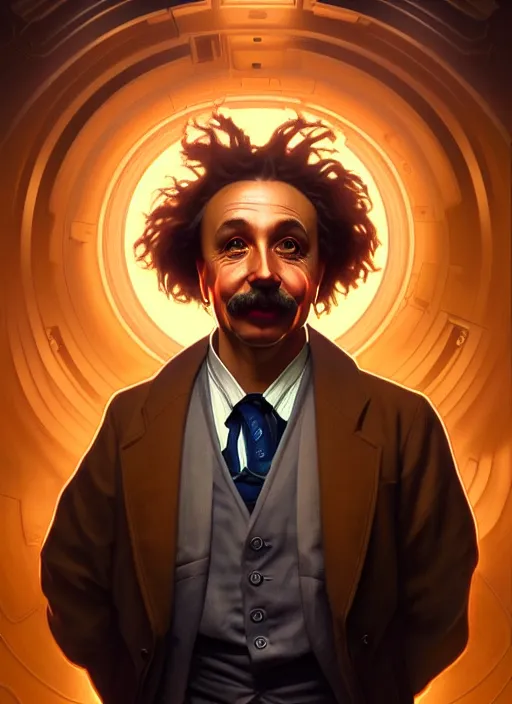 Image similar to symmetry!! portrait of einstein male, chemisty, sci - fi, glowing lights!! intricate, elegant, highly detailed, digital painting, artstation, concept art, smooth, sharp focus, illustration, art by artgerm and greg rutkowski and alphonse mucha, 8 k