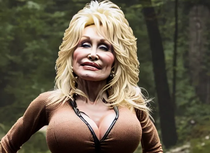 Image similar to film still of!!!! dolly parton!!! as lara croft in new tomb raider movie, 8 k