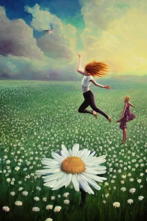 Image similar to giant white daisy flower as head, girl jumping in a flower field, surreal photography, sunrise, dramatic light, impressionist painting, colorful clouds, digital painting, artstation, simon stalenhag