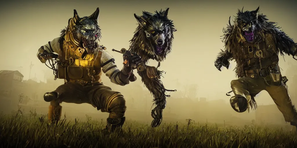 Image similar to gamekeeper wearing a steampunk and neonpunk mechanical fluorescent mystical animal mask in strange misty estuary landscape fight with werewolf, night, realism in style of fornite game, 4 k, octane render, award winning photograph, epic cinematic shot, perfectly defined features, ambient occlusion