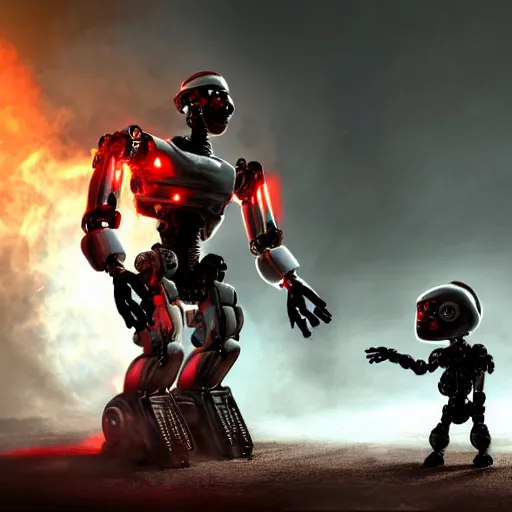 Prompt: post - apocalyptic, a very strong terminator robot with red enerygies, is shaking hands with a small alien creature that has multiple eyes. smoke. volumetric lighting, sharp focus, ultra detailed, cgsociety