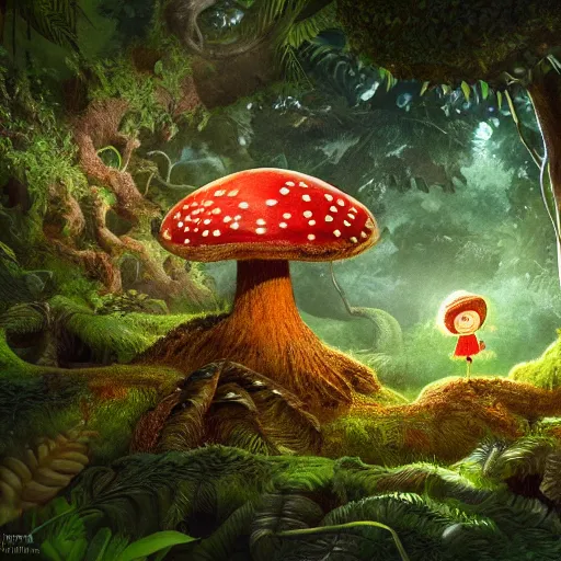 Prompt: Intricate detailed illustration, A small sentient and happy mushroom frolicking in a lush tropical jungle, 🍄 , cinematic lighting, by Philip Hood, wide angle, volumetric light scattering, 8k, artstation, concept art,