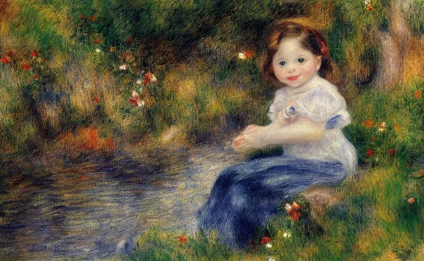 Prompt: a beautiful little girl, just vicky, wearing white cloths, and a red bow in her hair, playing with the water, sitting by the side of a creek, in the painting style of renoir, 8 k, detailed, rule of thirds