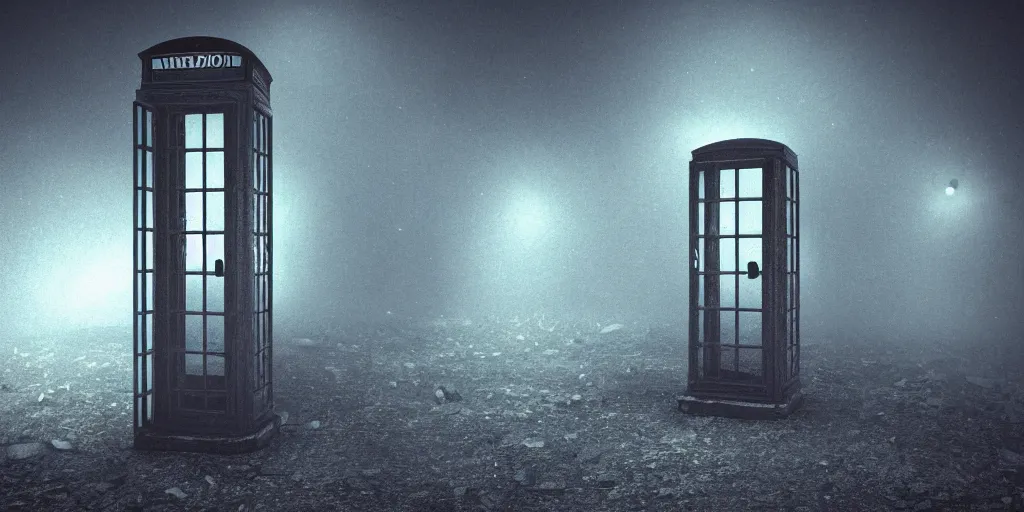 Prompt: an old abandoned and broken telephone booth at the edge of the universe at night, weird, haunted, misty, moody, sinister, ambient lighting, cinematic color grading, 8 k render, hyper realistic, realistic, unreal engine 5 render