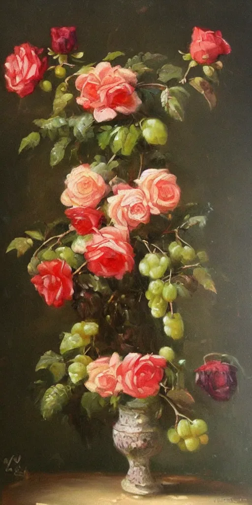 Prompt: a vase with roses and grapes growing on it ， oil painting